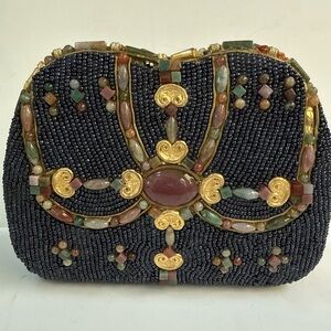Rare Vintage M & J Gem Stone Hard Body Handbag Long Golden Chain Strap.